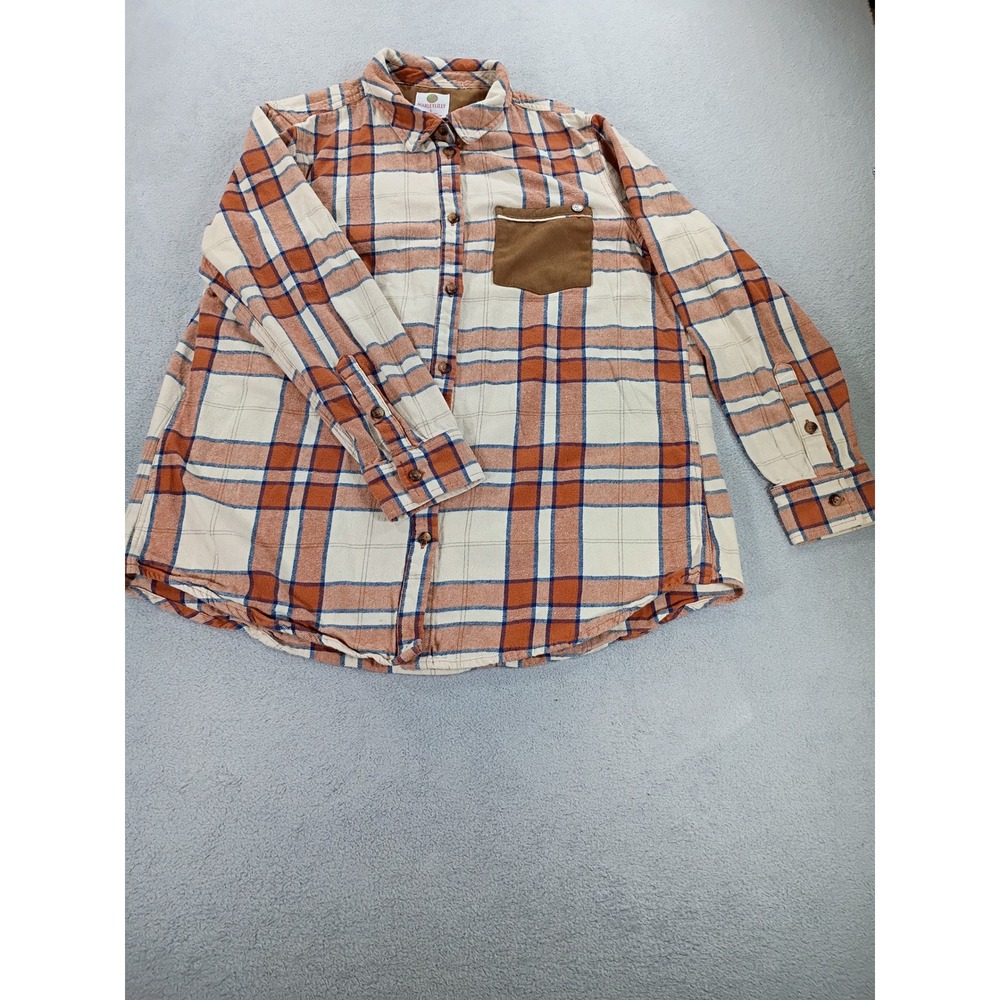 Marleylilly Womens Plaid Flannel Shirt Orange White Large Faux Suede Pocket